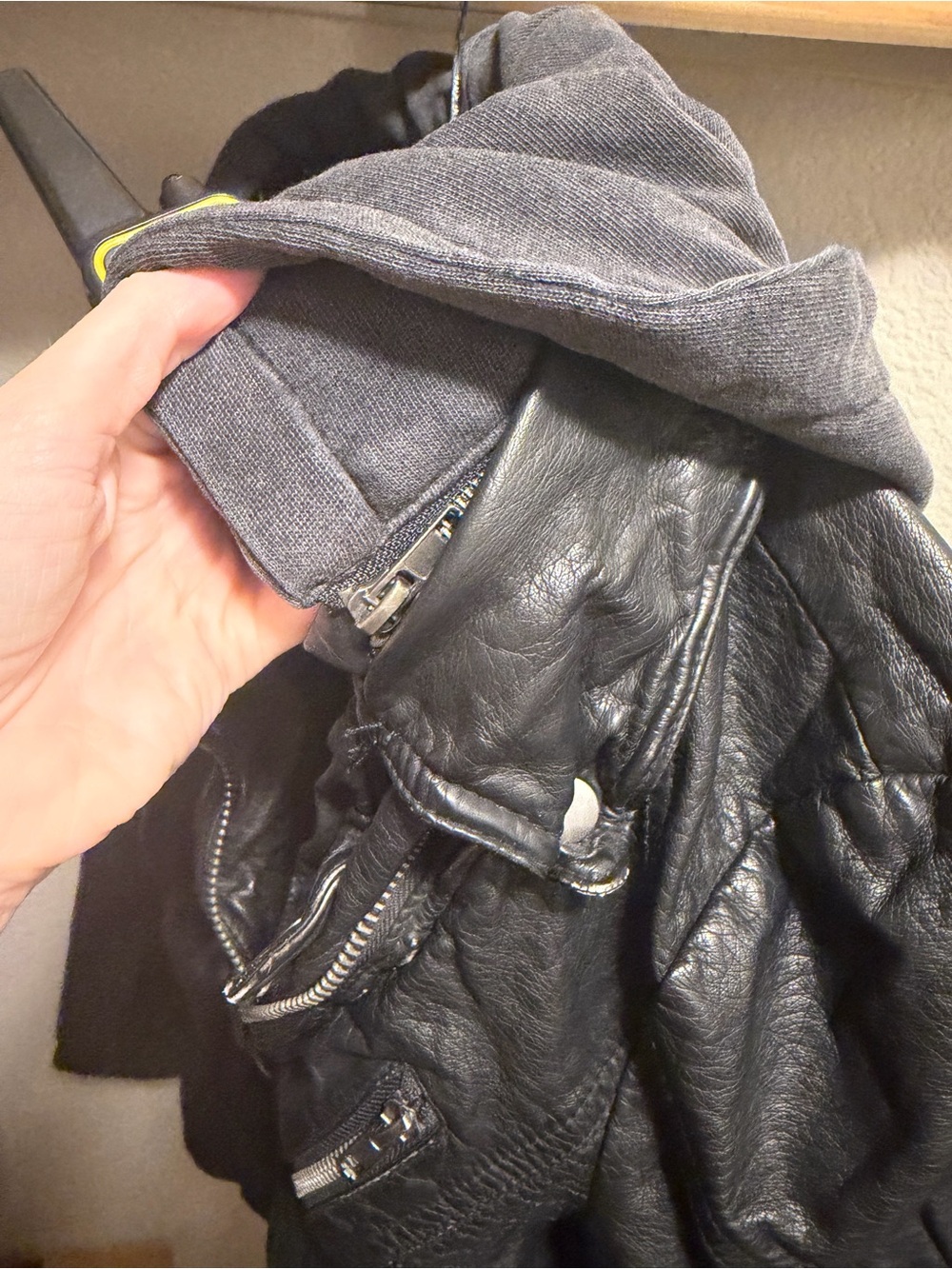 Free People Black Faux Leather Jacket with Gray Hood - Picture 5 of 10
